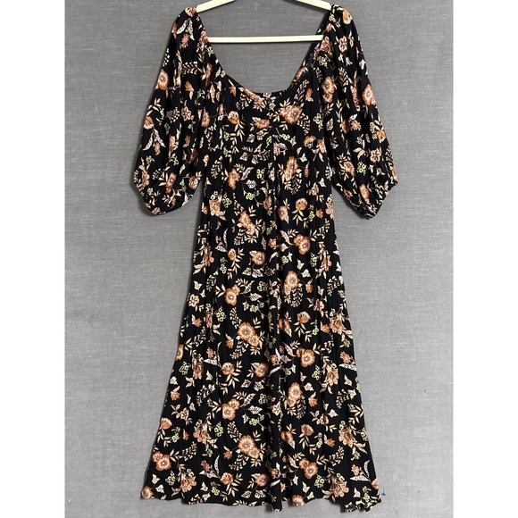 Billabong Dresses & Skirts - Billabong Dress M Black Floral‎ Smocked Puff Sleeve Midi Gauzy Boho Babydoll